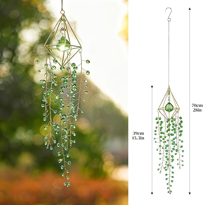 Crystal Suncatcher Glass Wind Chimes Sun Catchers Rainbow Plant Suncatcher | Crystal Beaded Plant Suncatcher for Window Hanging Home Garden Decor (15.4inch,Green)
