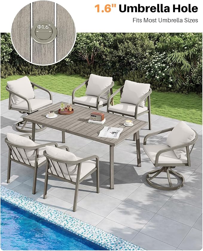 Never-Rust Aluminum Patio Dining Table, 63" x 35" Rectangular Outdoor Dining Table for 6, Outdoor Patio Table with Umbrella Hole for Courtyard, Garden, Veranda, Deck, Gray Oak