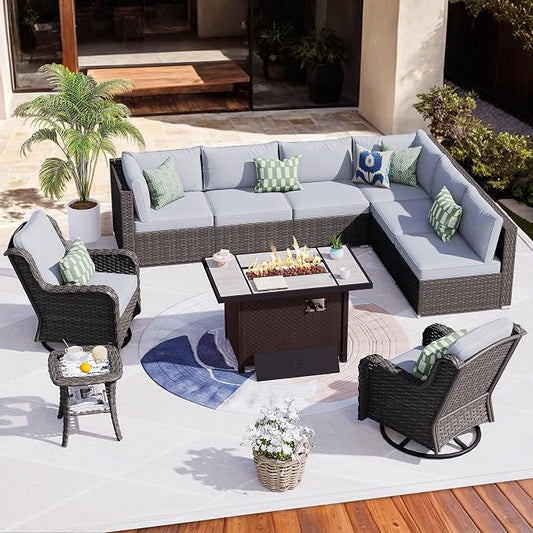 HOOOWOOO Outdoor Patio Furniture Set with Fire Pit 10 Pieces Patio Set with Fire Pit Wicker Outdoor Furniture with Fire Pit Table Set Patio Conversation Set with Swivel Chairs,Gray