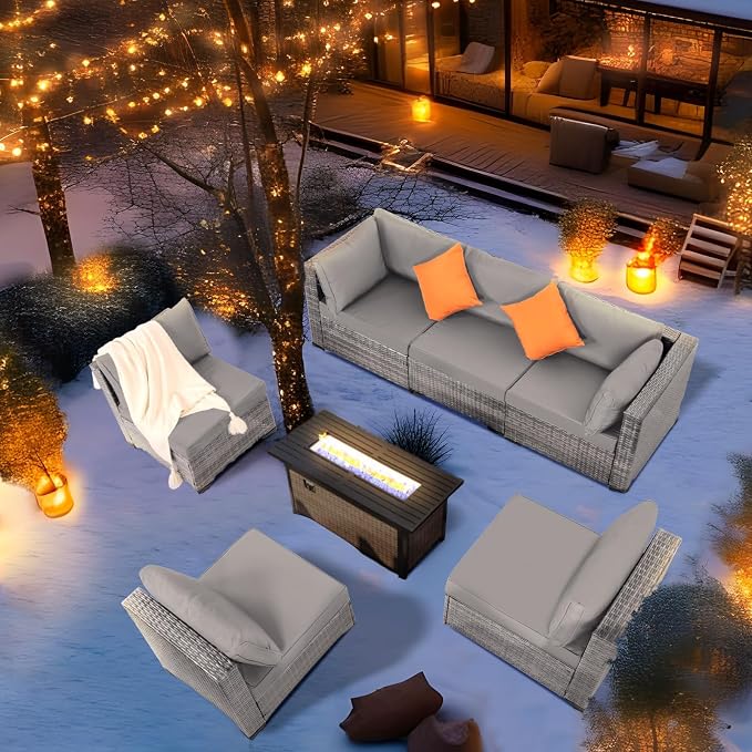 FHFO 14 Piece Outdoor Wicker Patio Furniture Set, Grey/Light Grey | Sectional Sofa | All-Weather Hand-Woven Rattan | Tempered Glass Coffee Table | Free Combination | Indoor & Outdoor Use