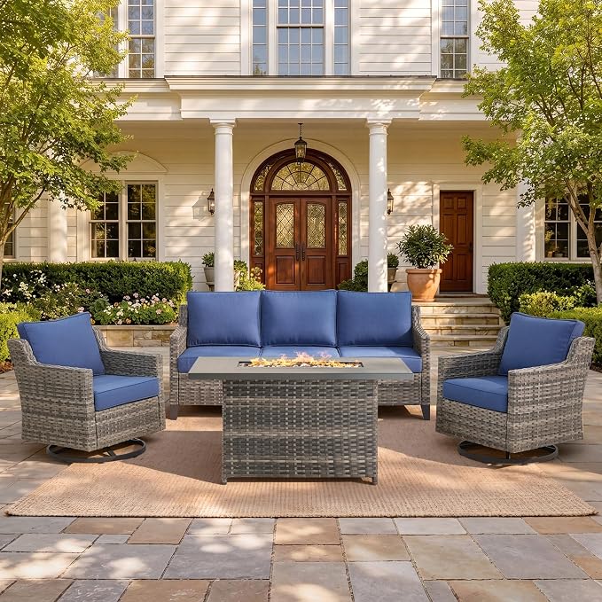 Belord Patio Furniture Set with Swivel Chair and 42.5" Fire Pit Table Sofa, Outdoor Furniture Set for Deck Porch Garden, 4 Piece Conversation Set,Blue