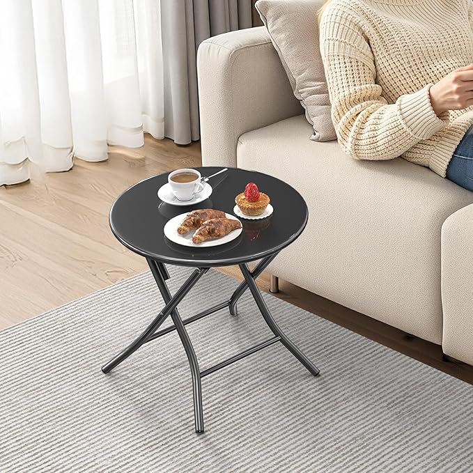 VINGLI Patio Metal Folding Side Table, Portable Small Outdoor Folding Round Table, Perfect for Indoor and Outdoor Spaces Like Balconies, Backyards, Porches, and Patios.Black（1 Pack）