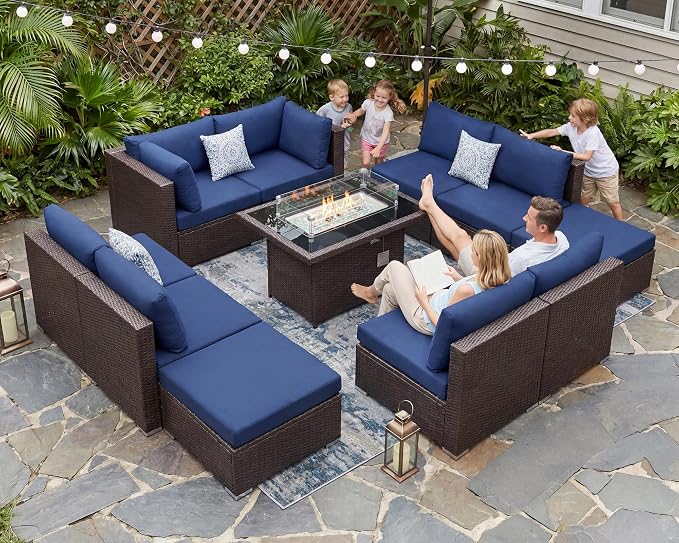 BULEXYARD 11 Piece High Back Outdoor Furniture Set with Firepit, Gorgeous Patio Conversation Set with Ottoman Modular, Large 10-Seats Sectional Couch Sofa for Garden, Brown Rattan & Navy Blue Cushion