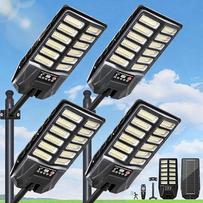 NIUBA Solar Lights Outdoor, IP67 Waterproof Street Lights Outdoor, Dusk to Dawn Solar Security Flood Lights Motion Sensor with Remote Parking Lot Light,Commercial Area Lighting for Outside (4-Pack)