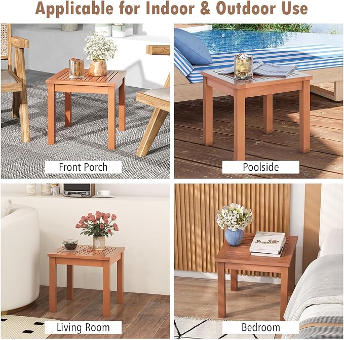 RELAX4LIFE Adirondack Outdoor Side Table Set of 2, 18’’ Square Eucalyptus Wood Indoor Outdoor End Table with Slatted Tabletop for Balcony Backyard Garden Porch Deck, Small Pool Side Patio Table (2)