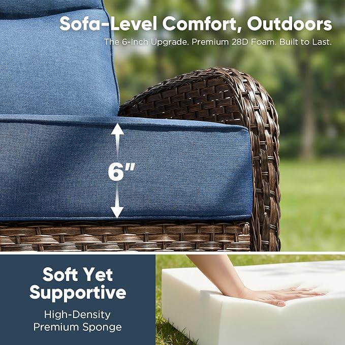 HUMMUH Outdoor Swivel Rocker Patio Chairs with Ottomans,Luxury 6-inch Thick Cushion High Back Patio Furniture Set,5PCS Wicker Conversation Set for Deck Yard and Poolside