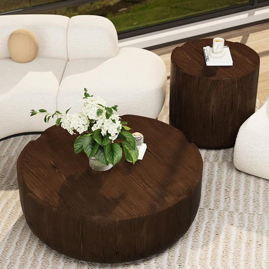36" Round Coffee Table with 20" Round Side Table Set, Waterproof Sturdy MGO Wood Texture Grain Drum Outdoor Tables Set for Patio Garden Backyard Living Room, No-Assembly, Natural and Brown