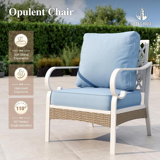 HERA'S HOUSE 6 Piece Metal Patio Furniture Set, All Weather Outdoor Conversation Set with 3-Seat Sofa, 4 Fixed Chairs & Coffee Table, 7 Seats for Backyard, Garden, Deck, White/Blue