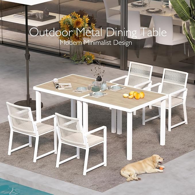 Iron Outdoor Anti-Corrosion Wood-Plastic Dining Table -All-Weather Exposed Square Table Waterproof and Rust-Proof Courtyard-Style Coffee Table Garden/Balcony/Poolside,White 1 Pcs