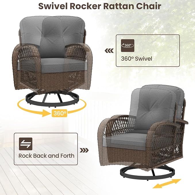 HAPPYGRILL 3 Pieces Outdoor Rattan Swivel Rocker Chairs Set with Tempered Glass Side Table, Outside Sectional Patio Conversation Furniture Set with Swivel Rocking Chairs for Deck Porch Garden (Grey)