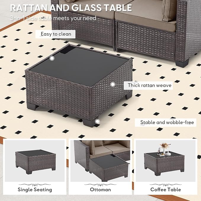Bonzy Home 3 Pieces Outdoor Patio Furniture Set, PE Rattan Outdoor Sectional Furniture Sofa Set with Removable Cover and Glass Coffee Table, Patio Sofa for Balcony, Porch, Garden, (Brown-Khaki)