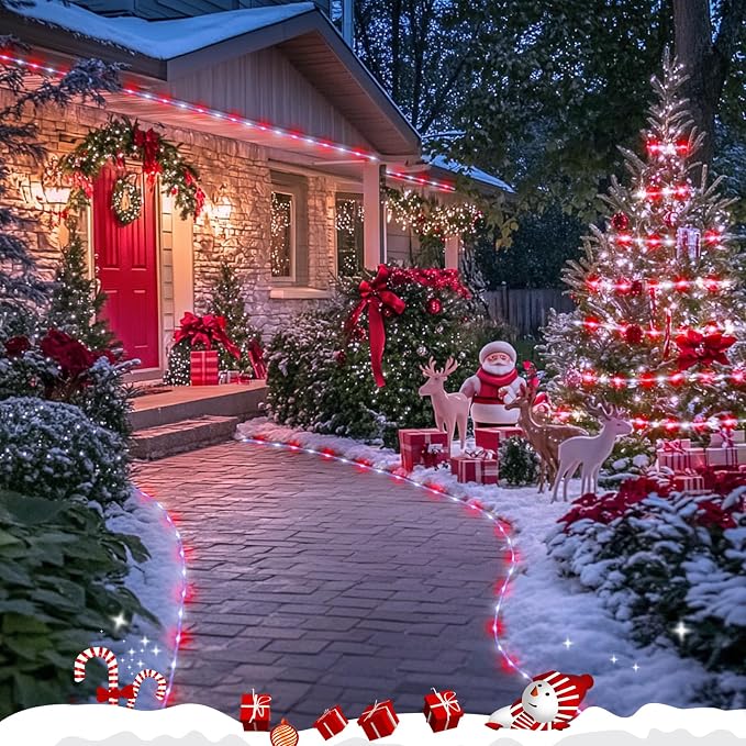 JMEXSUSS 72ft 200 LED Red and White Solar Christmas Rope Lights | IP65 Outdoor Waterproof Christmas Rope Lights with 8 Modes, Solar Christmas Lights for Fence Yard Walkway Christmas
