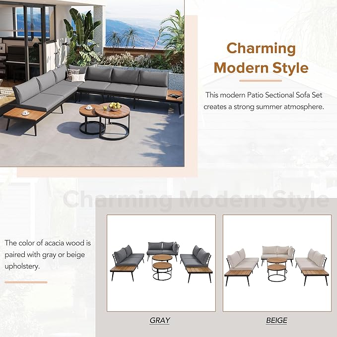 6-Piece Metal Outdoor Sectional Sofa Set with Round Nesting Coffee Tables, L-Shaped Patio Furniture Set Seating Sofa with Cushions for Patio, Porch and Garden, Gray
