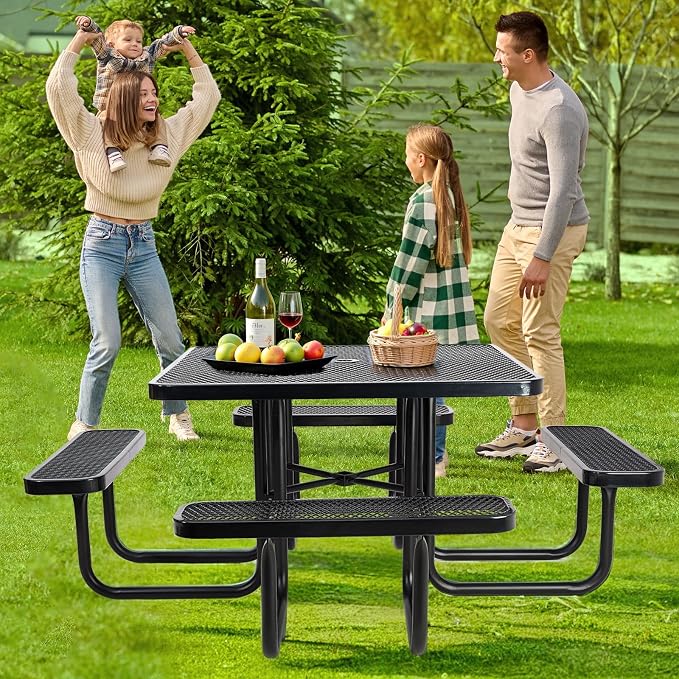 46IN Square Outdoor Picnic Table with Attached Seats, Heavy-Duty Metal Expanded Mesh Patio Table, 1600LBS Load Capacity Commercial-Grade Table for Park, Backyard, Deck, Black