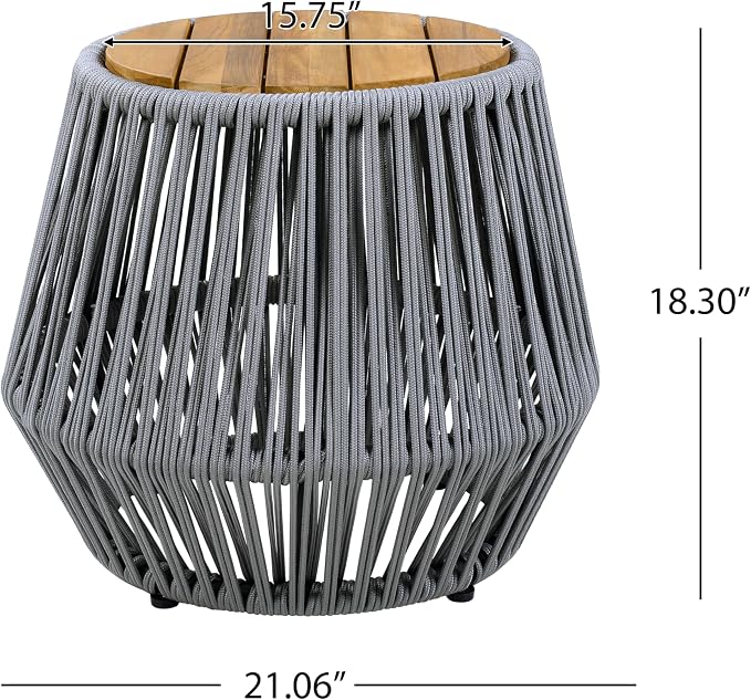 Acacia Wood Side Table, Grey Rope Base, Teak Finish