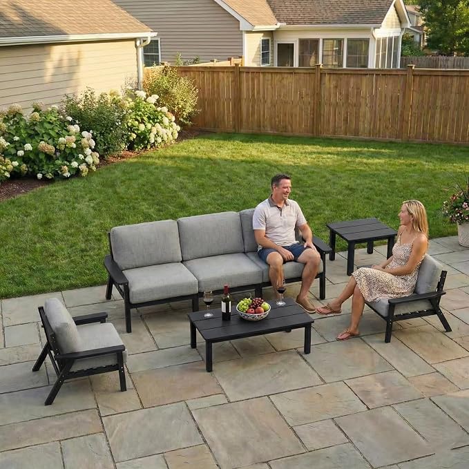 Kingdura HDPE Patio Furniture Set, 3 Piece Outdoor Sectional Sofa with Coffee Table, All Weather Outdoor Couch Conversation Set with Washable Cushions for Backyard Poolside Balcony