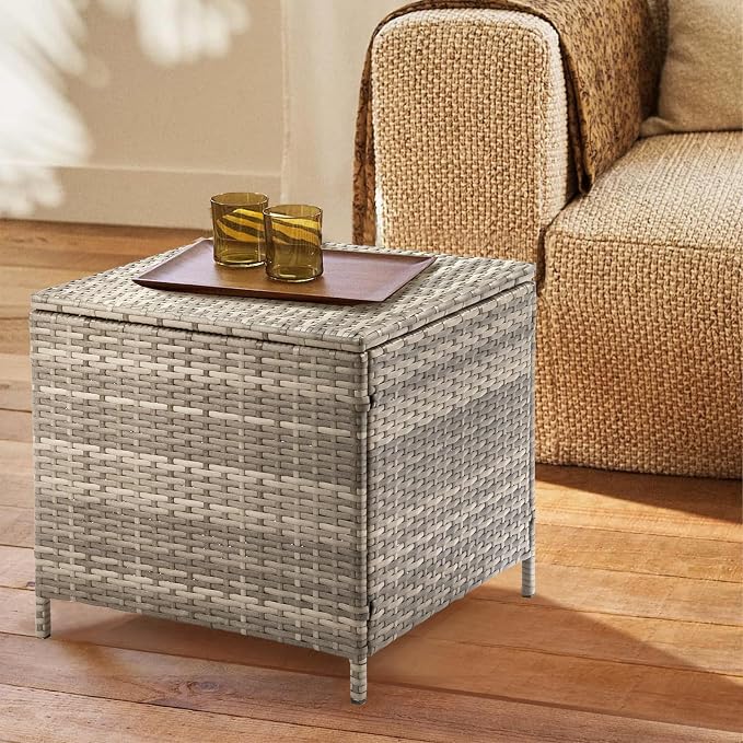 Outdoor Wicker Storage Side Table, Patio Brown PE Rattan End Table with Storage, Square Container for Furniture Covers, Toys, and Gardening Tools (Grey)
