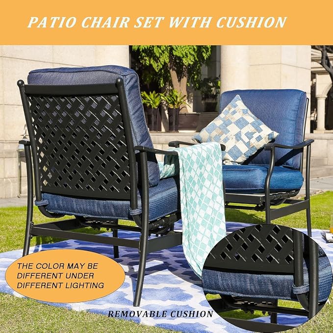 LOKATSE HOME C-Spring Patio Chairs Set of 2, Outdoor Metal Motion Conversation Chairs with Gentle Bounce, 5.1" Extra Thick Blue Cushions Deep Seating Furniture for Deck & Porch