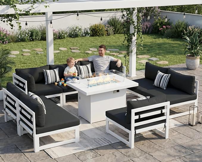 RADIATA 9 Pcs Modern Aluminum Outdoor Patio Furniture Set with Fire Pit Table Propane/Gas, Extra Large All-Weather Modular Sectional Couch, 29" Wide Deep Seating Conversation Sofa for Deck, Dark Grey