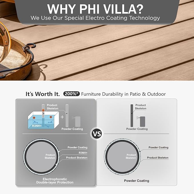 PHI VILLA 57.5" Outdoor Patio Table for 8 Person, Large Square Metal Steel Dining Table with Umbrella Hole, Weather-Resistant Wood-Like Table for Deck Backyards Porch, Brown