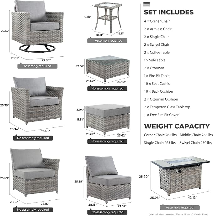 CAODOC 16 Pieces Patio Furniture Conversation Set with 42" Fire Pit Table Rocking Chair Outdoor Sectional Gray Wicker Sofa Set