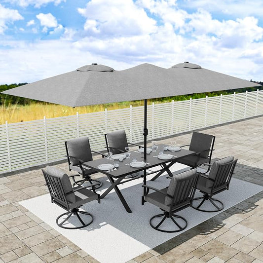 8 PCS Outdoor Patio Dining Set with 13.6ft Double-Sided Patio Umbrella,Patio Table and Chairs Metal Outdoor Patio Furniture Set,Dining Table Set with 6 Swivel Chairs,Grey