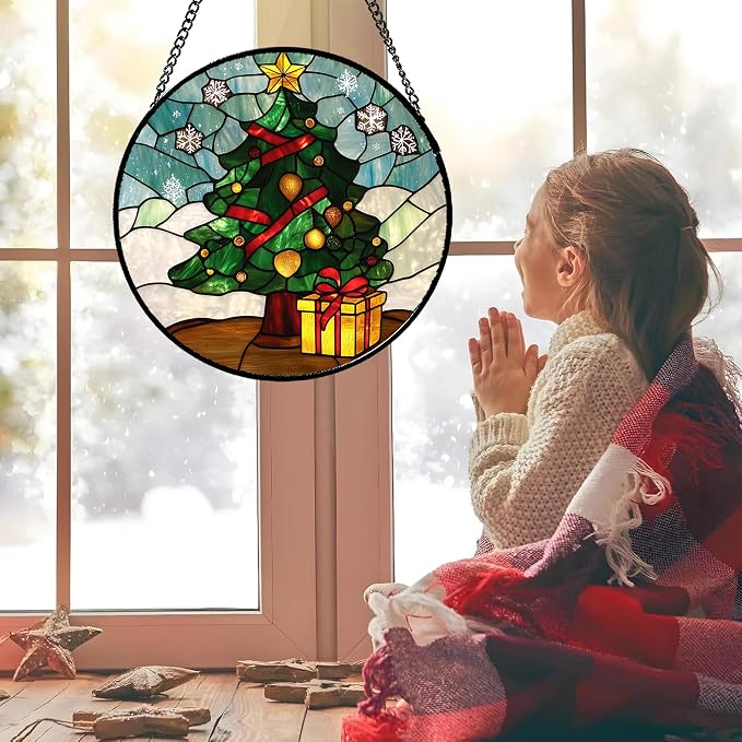 DASTOLL Stained Glass Window Hanging Green Christmas Tree Snowflake 9.8" - Suncatcher Door Garden Sun Catcher Xmas Holiday Decor Birthday for Mom Men Woman Friend Nana