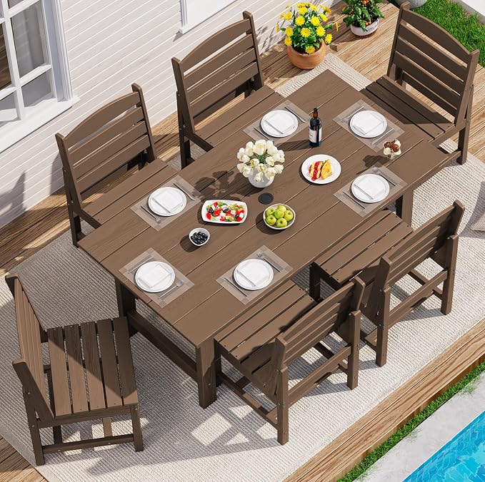 SERWALL 7-Pc HDPE Patio Dining Set, 1 Table & 6 Armless Chairs, Brown | HDPE Outdoor Dining Set with Rectangular Table & 6 Armless Chairs, All-Weather Resistant SERWALL Dining Set for 6