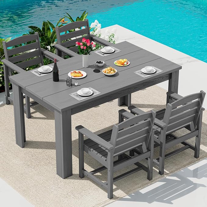 SERWALL 59" HDPE Outdoor Dining Set for 4, w/ 1 Table & 4 Armchairs, Gray | All Weather Resistant HDPE Dining Sets for Patio, Garden, Backyard