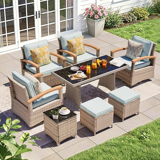 MEISSALIVVE 8 Pieces Patio Furniture Sets, PE Wicker Outdoor Conversation Sets with 2 Wood Armrests Swivel Rocker Chairs, 2 Fixed Single Chairs, 2 Ottomans and Dining Table(Blue)