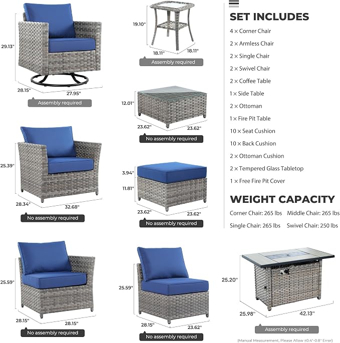 CAODOC 16 Pieces Patio Furniture Conversation Set with 42" Fire Pit Table Rocking Chair Outdoor Sectional Gray Wicker Sofa Set