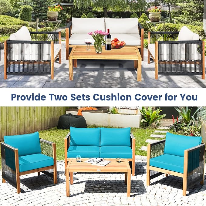 Tangkula Outdoor Wood Furniture Set with 2 Set Cushion Covers, 4 Pieces Cushioned Patio Conversation Set, for Garden Balcony Poolside Outdoor Living (1, WH-TU)