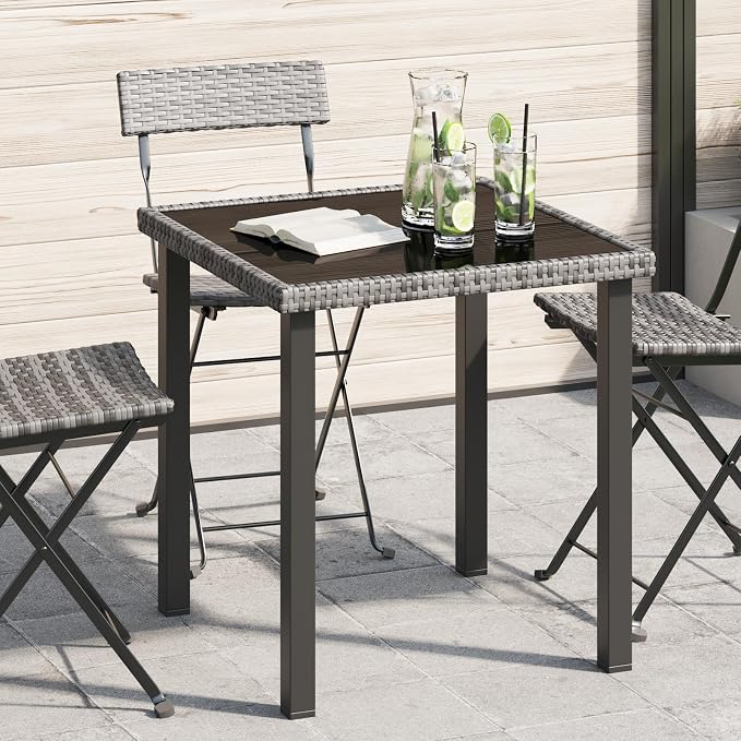 vidaXL Garden Dining Table, Patio Table with Glass Top, Garden Table, Garden Furniture for Front Porch Deck Lawn Backyard, Modern, PE Rattan Gray