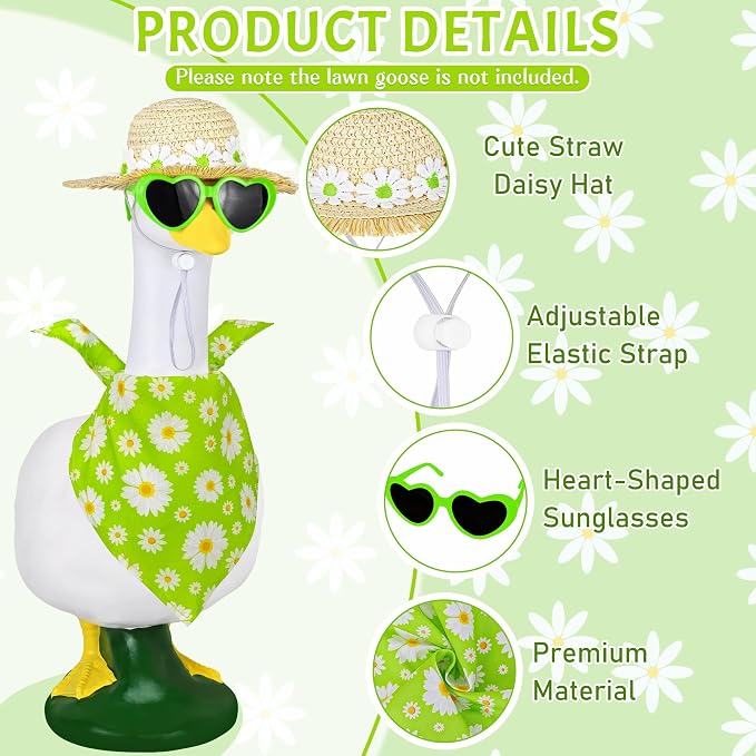 Summer Spring Porch Goose Outfit, Daisy Flower Goose Outfit Clothes for 17/23" Lawn Geese Statue for Garden Yard Decor (Yellow) (Green)