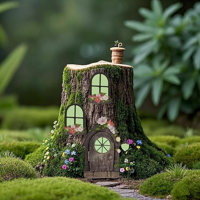 FESTGLOX Fairy Garden Door Windows for Tree Trunk Outdoor, Glow in the Dark | Fairy Garden Miniature Accessories for Tree, Resin Fairy House Kit with Fairy Lantern for Gnome, Yard, Lawn, Garden Decor