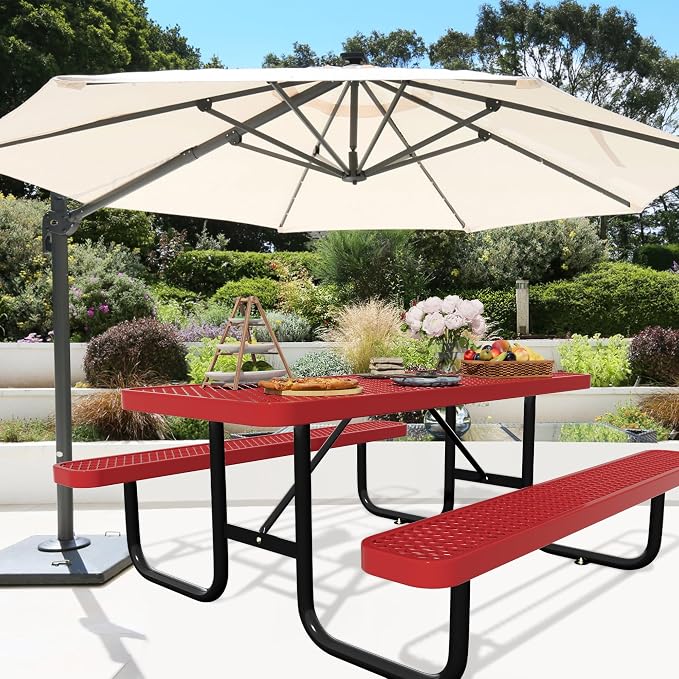 6FT Picnic Tables for Outdoors, Rectangular Commercial Metal Picnic Table Bench Set with Umbrella Hole, Heavy Duty Steel Weather-Resistant Dining Table for Patio Dining Garden Backyard BBQ School