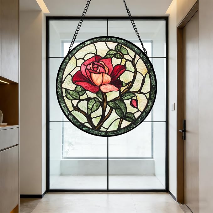Stained Glass Window Hanging, Red Rose Flowers Sun Catcher for Door Garden Home Decor Suncatcher Christmas Mother's Day Birthday Gifts for Women Lovers Men Wife Girlfriend Mom Nana 6.3 in