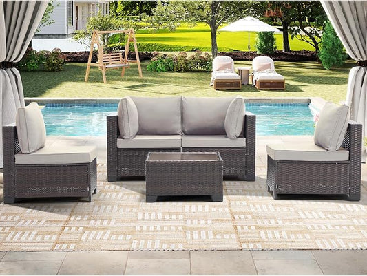 CANMOV 5 Pieces Patio Furniture Sets, All Weather Outdoor Patio Conversation Set, PE Wicker Rattan Sectional Sofa Couch with Glass Coffee Table and Washable Cushions for Backyard Garden, Porch, Khaki
