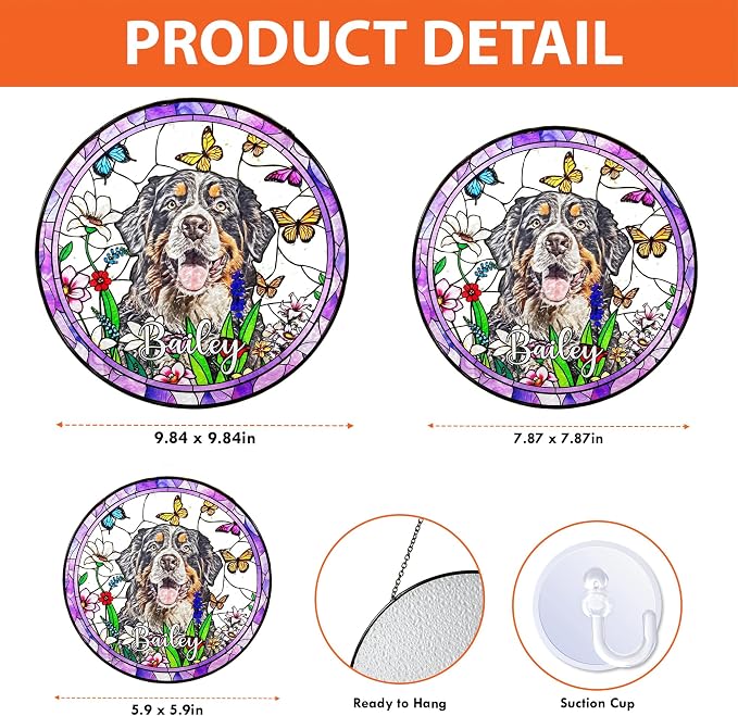 LOVELYPOD Custom Dog Stain Glass Sun Catcher, Pet Portrait Hanging Gifts, Loss of Dog Memorial, Sympathy Gift, Pet Remembrance Gifts for Dogs Mom, Pet Ornament