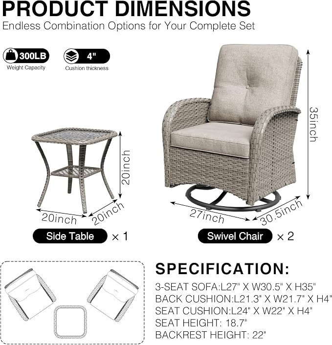 Joyside Outdoor Swivel Rocker Chairs, 3 Piece Wicker Patio Set with Thickened Cushions, High Back, Deep Seating, Wide Armrest, Outdoor Swivel Chairs for Porch, Deck