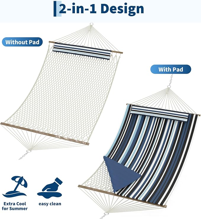 2 Person 12FT Hammocks for Outside, Double Quilted Fabric Outdoor Hammock with Spreader Bar, Large Removable Pillow, Storage Pockets, Carabiners, Max 450 Lbs Capacity