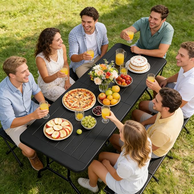 ZenStyle Indoor Outdoor Heavy Duty Plastic Folding Table Portable Picnic Table Fold-in-Half Utility Table w/Handle and Steel Legs for Camping, Dining, Party (Black, 8ft)