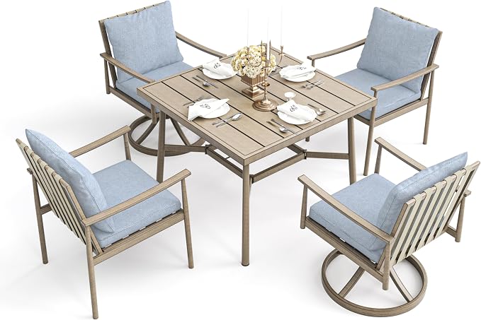 HAPPATIO 5-Piece Outdoor Dining Set for 4, Aluminum Patio Dining Set Includes 1 Large Square Table with Umbrella Hole, 2 Swivel Dining Chairs, and 2 Dining Chairs, for Lawn, Porch, Backyard (Brown)