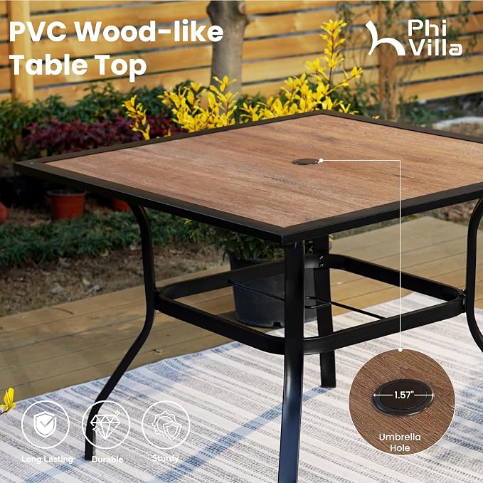 PHI VILLA 5 Pcs Patio Dining Set for 4, Swivel Mesh Chairs, Brown | 4 textilene dining chairs. 37" PVC square table top w/ umbrella hole, all weather E-coated metal frame for outdoor deck lawn