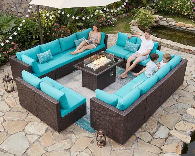BULEXYARD 13 Piece High Back Wicker Patio Furniture Sets with Fire Pit, Modern Elegant Outdoor Seating Set Modular, Comfy Extra Deep Wide 12-Person Sectional Couch Sofa for Backyard, Brown & Turquoise
