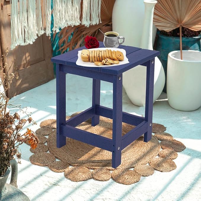 LZRS Patio End Table, Heavy Duty HDPE Outdoor Coffee Table with Wood Texture, Weatherproof Composite Table for Adirondack Chairs, Deck, Pool, Indoor/Outdoor, No Peeling or Cracking(Navy Blue)