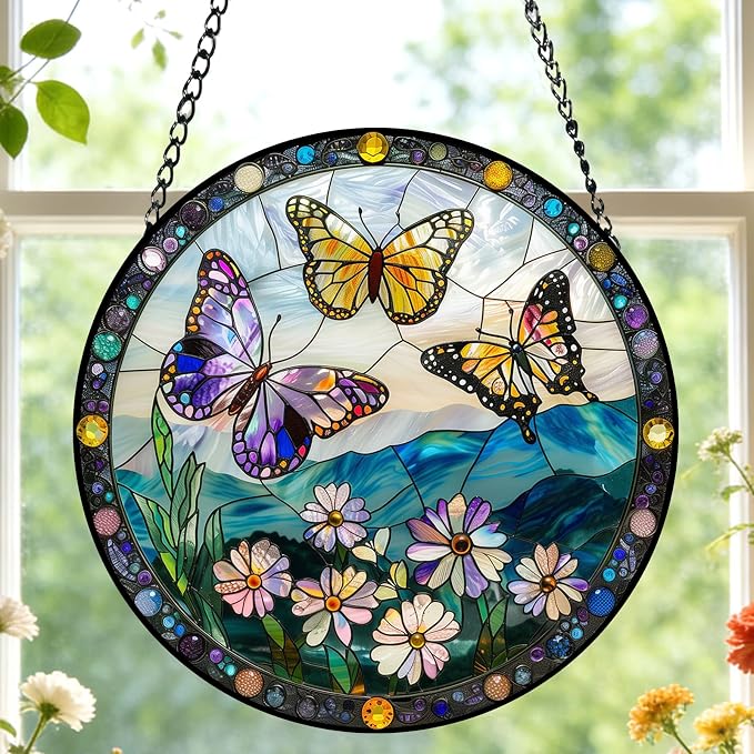Stained Glass Butterfly Suncatcher Window Hanging Birthday Gifts for Women | 7.8in Garden Sun Catcher, Butterflies Wildflowers Home Decor, Memory Gift for Mom Grandma & Mother's Day, Christmas Ornament