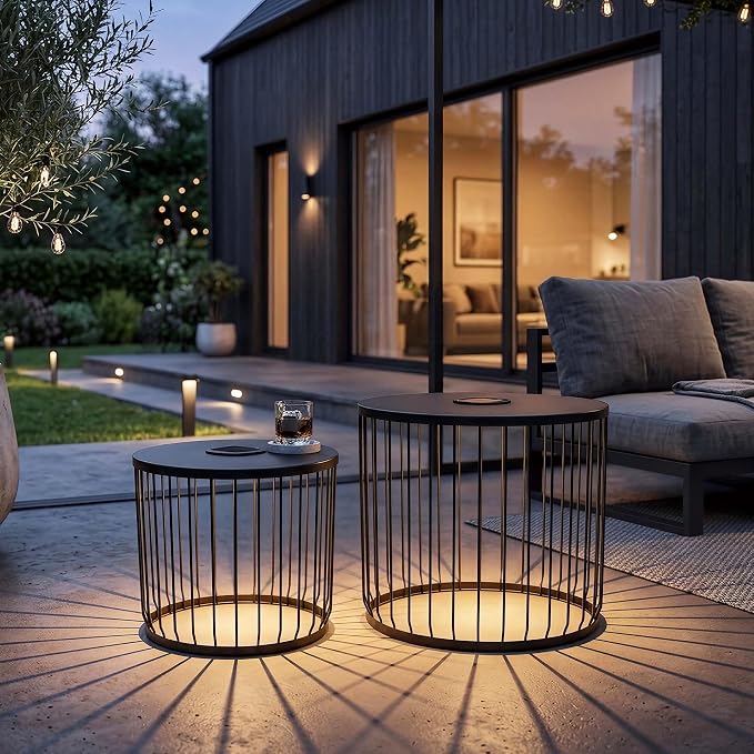 HRVEOCEI Black Round Nesting Coffee Table Set of 2, 2 PCS Small Outdoor Nesting Tables with LED Light for Living Room, Metal Side Table Set for Balcony Patio (45 Inch + LED)