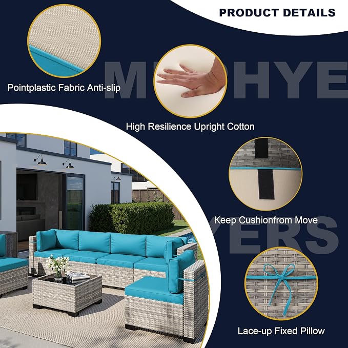 13-Piece Outdoor Patio Furniture Set with Rocking Swivel Chair, Wicker Rattan Sectional Sofa Conversation Set with 55,000 BTU Fire Pit Table with Ottomans, Backyard Furniture, Turquoise