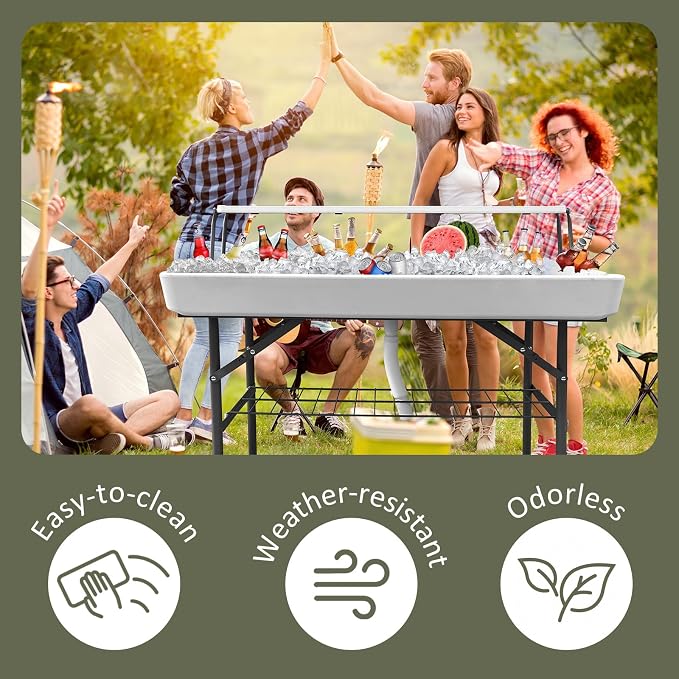 2 Tiers Portable Folding ice Cooler Table with Storage Rack & Drain Hose, Perfect Picnic Table for Camping, Beach, Backyard Parties, Weddings, Events, White